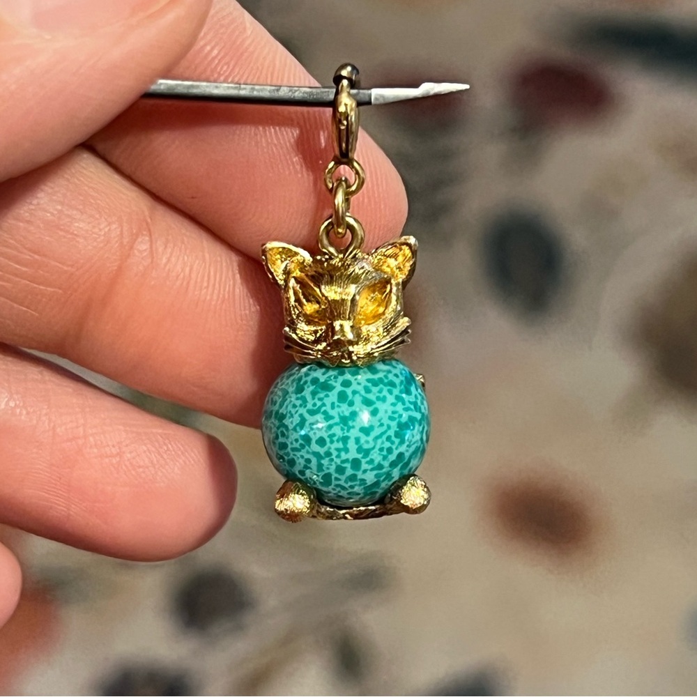 Vintage Monet Gold Cat Turquoise Ball Charm